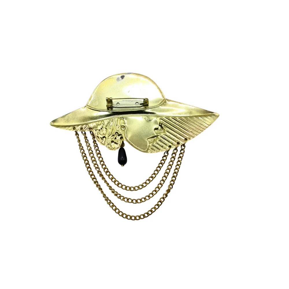 Vintage Statement Pin Brooch Stamped Metal Lady in Hat w Chains 4 5/8
